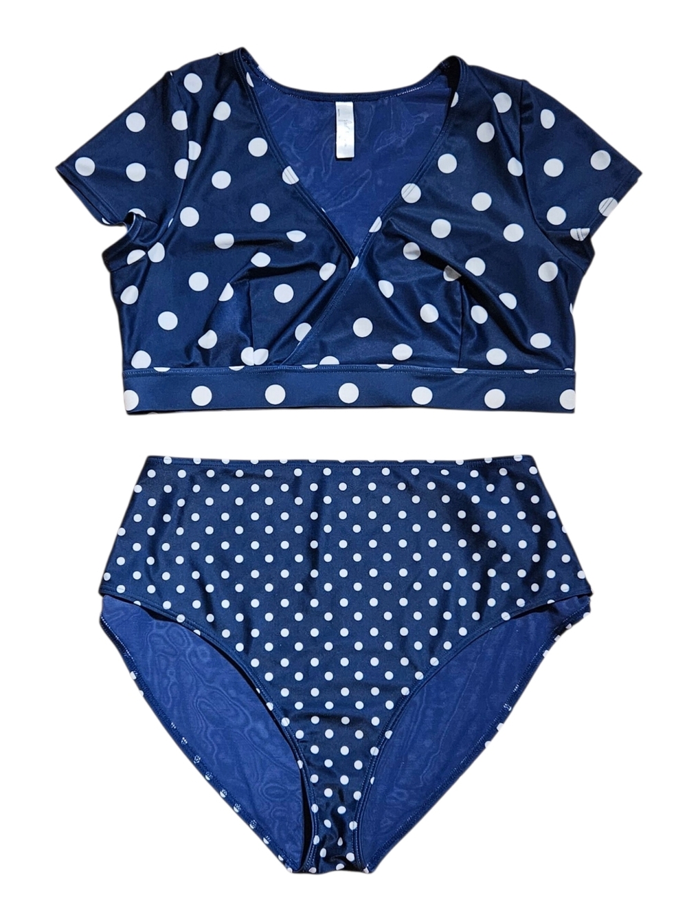 Peek & Beau Retro Polka Dots Short Sleeve High Waist 2-PC Bikini Navy & White
